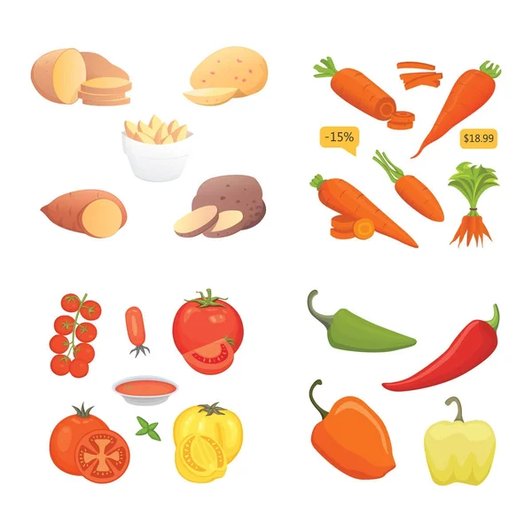 Producción agrícola, set de iconos de verduras. Alimento saludable — Vector de stock