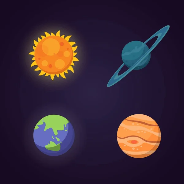 Set of colorful bright planets. Solar system, space with stars. Cute cartoon vector illustration. — Stock Vector