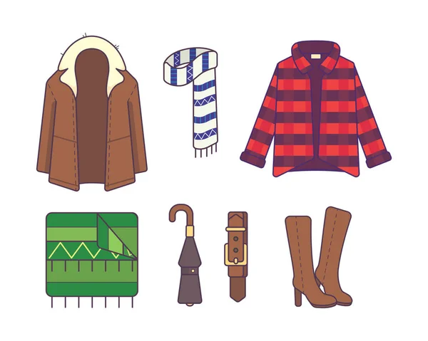 大套时尚的冬季服装和配件。风格和时尚的概念。户外季节性线条艺术时装插画 — 图库矢量图片