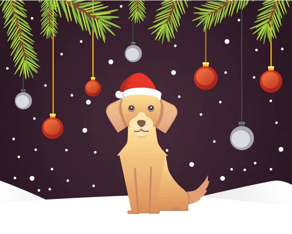 Weihnachtsbanner-Vorlage mit Hund, Kugeln, Bändern und Dekoration. Neujahr Baum Äste Hintergrund. — Stockvektor