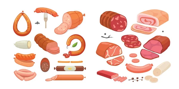 Et ürünleri farklı türleri ayarlayın. Beyaz arka plan üzerinde izole set yemek. Karikatür tarzı menü tasarımı. — Stok Vektör