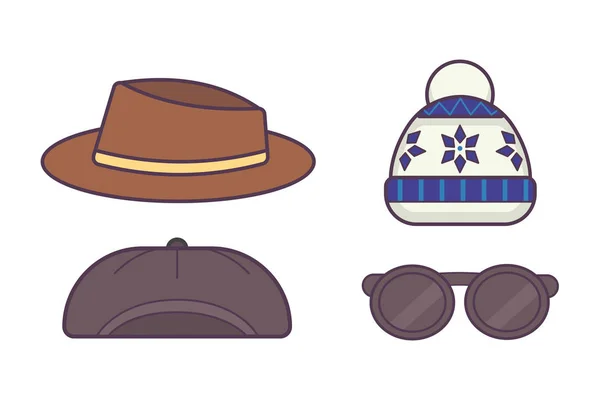 Conjunto de sombreros de invierno para niños y niñas en clima frío. icono de gafas . — Archivo Imágenes Vectoriales