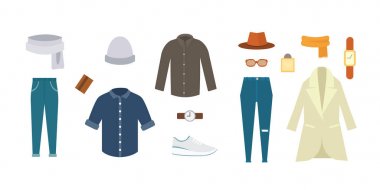 Soğuk sezon için çeşitli giyim ve ayakkabı koleksiyonu. Mens sonbahar bak. Bayan giyim seti.