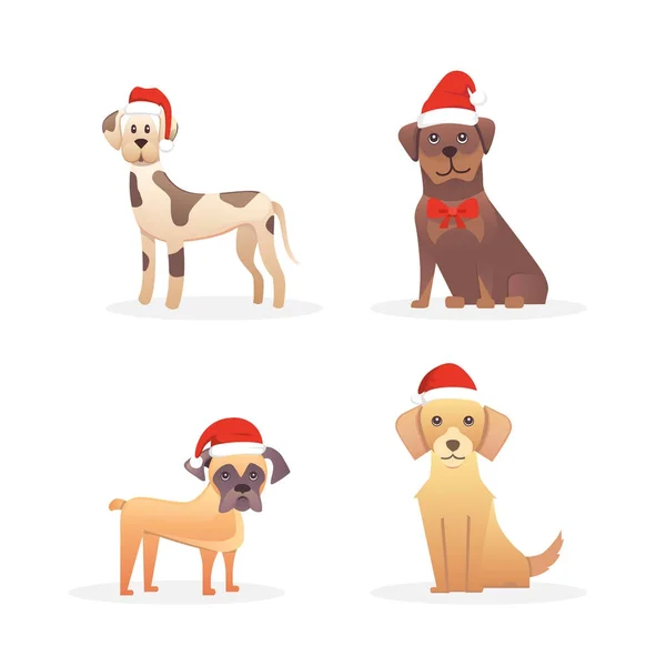 Conjunto de cães bonitos em chapéu vermelho santas. Natal cachorrinho inverno desenhos animados ilustração . —  Vetores de Stock