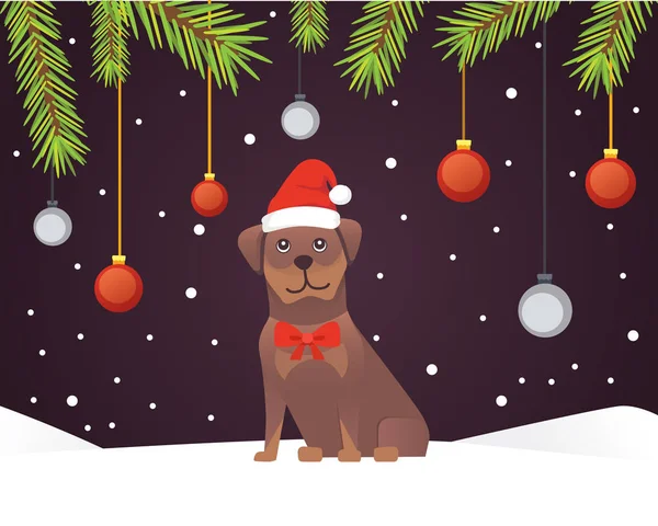 Χριστουγεννιάτικο banner πρότυπο με σκύλο, μπάλες, κορδέλες και διακόσμηση. Νέο έτος δέντρο κλαδιά φόντο. — Διανυσματικό Αρχείο