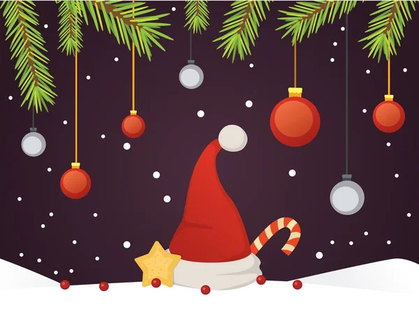 Weihnachtsverkauf Banner-Vorlage mit Glitzerkugeln Bänder und Dekoration. Neujahr Baum Äste Hintergrund. — Stockvektor