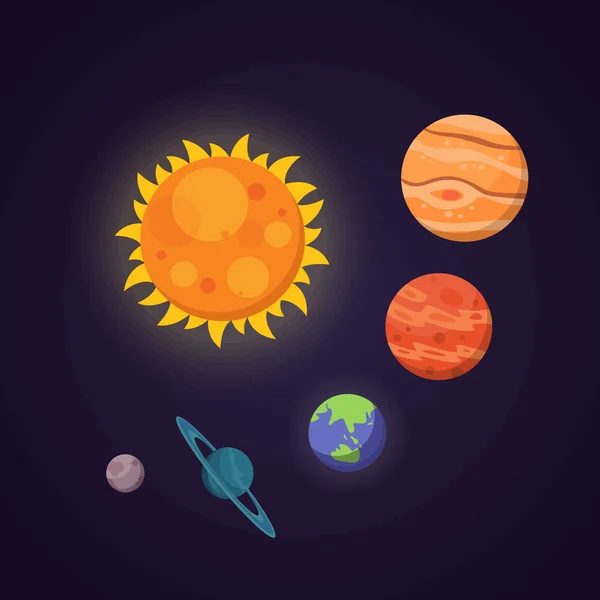 Conjunto de planetas coloridos brilhantes. Sistema solar, espaço com estrelas. Desenho animado bonito ilustração vetorial . —  Vetores de Stock