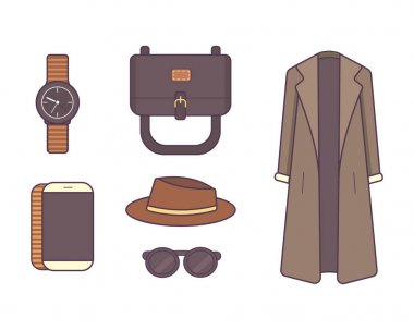 şık kış giysileri ve aksesuarları kümesi. Stil ve moda kavramı. Dış Giyim mevsimlik hat sanat moda illüstrasyon