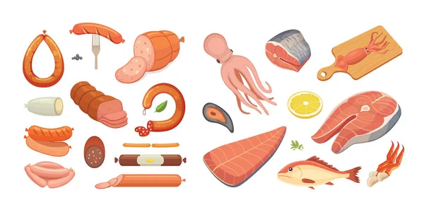 Verschiedene Arten von Fleischprodukten und Fisch-Set. isoliert Essen auf weißem Hintergrund. Menüdesign im Cartoon-Stil. — Stockvektor