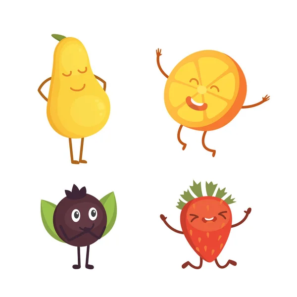 Conjunto de frutas de dibujos animados lindo. Ilustración vectorial con personajes divertidos. Divertido tiempo de comida fresca . — Archivo Imágenes Vectoriales