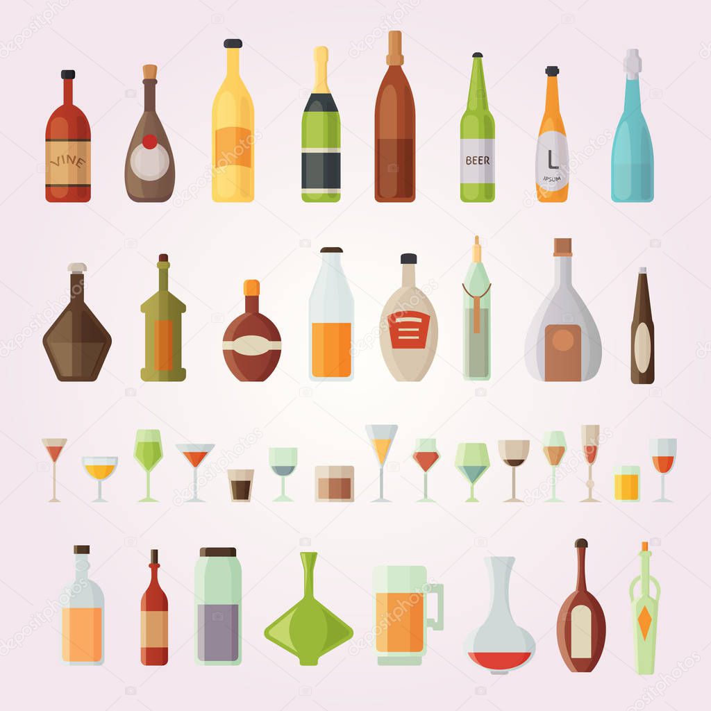 Set design alcohol bottles and glasses vector illustration