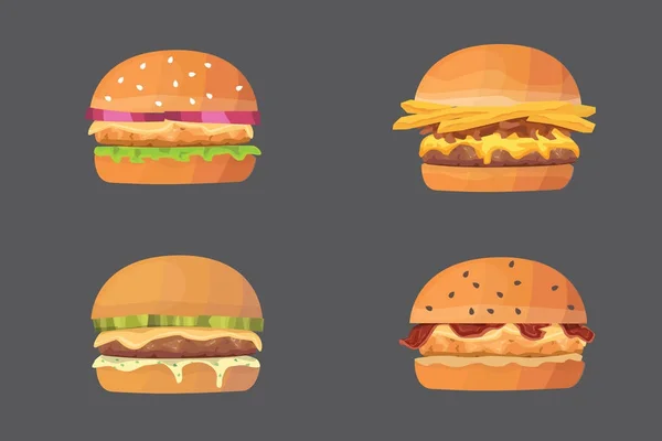 Burger cartone animato fast food set. illustrazione vettoriale cheeseburger e hamburger — Vettoriale Stock