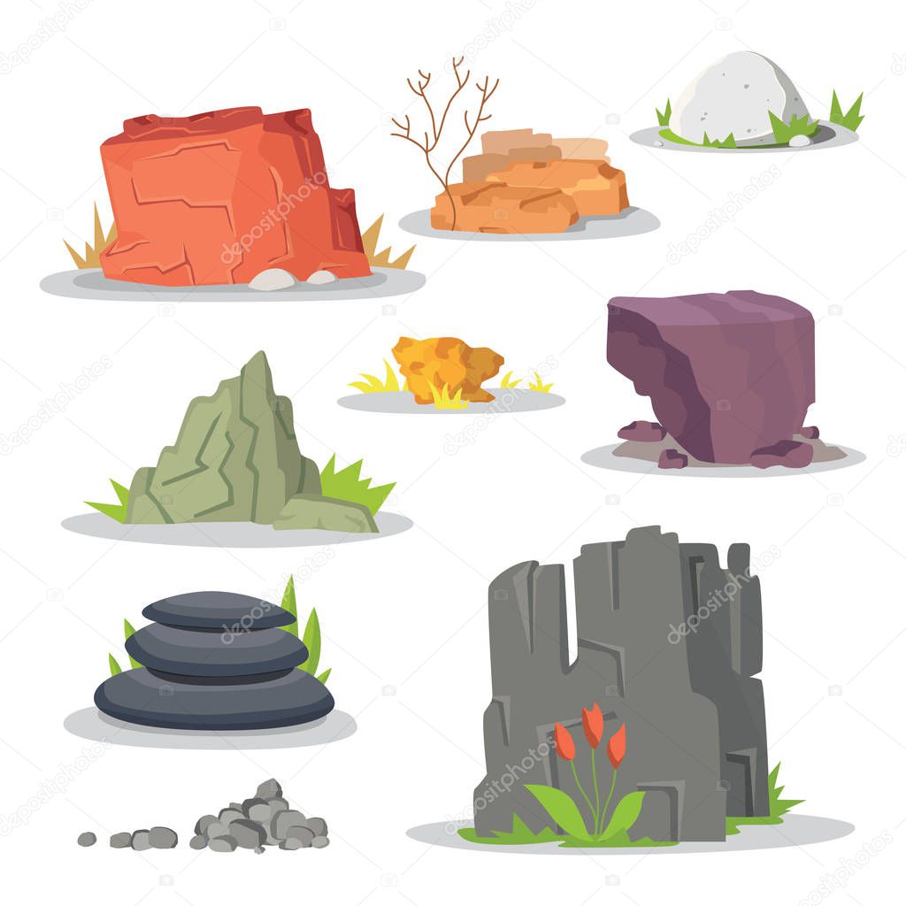 Rocks and stones elements collection set. Vector illustration of solid materials. Cartoon stones in different colors.