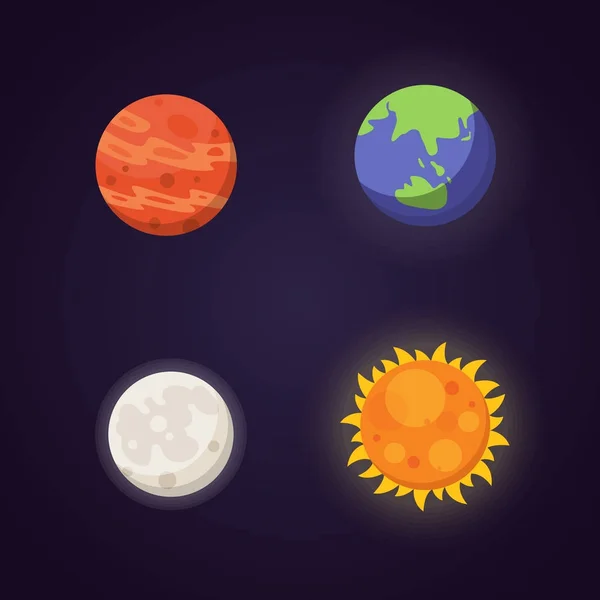 Renkli parlak gezegenler dizisi. Güneş sistemi, yıldızlı uzay. Şirin çizgi film vektör illüstrasyonu. — Stok Vektör
