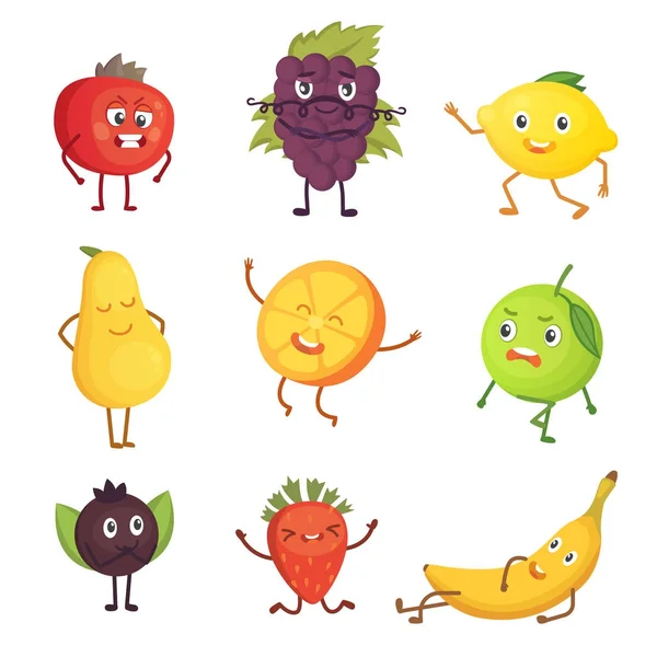 Conjunto de frutas de dibujos animados lindo. Ilustración vectorial con personajes divertidos. Divertido tiempo de comida fresca . — Vector de stock