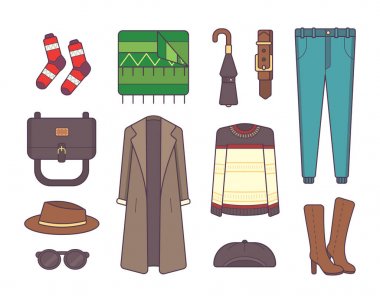 Şık Kış Giysi ve aksesuarları büyük kümesi. Stil ve moda kavramı. Dış Giyim mevsimlik hat sanat moda illüstrasyon