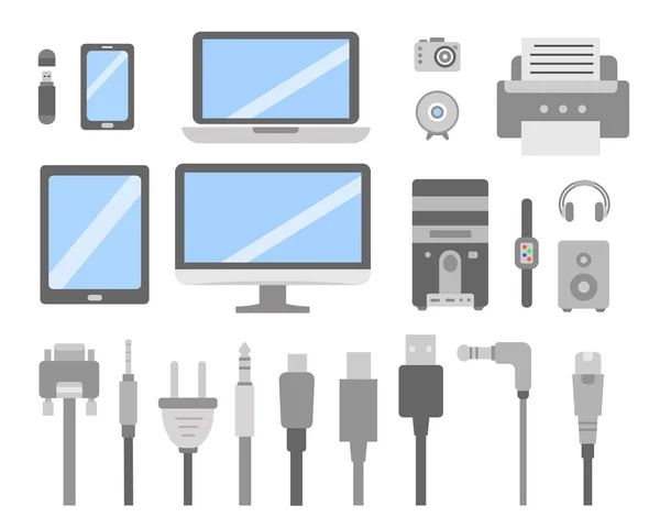 Conjunto vectorial de gadgets de PC e iconos planos de dispositivos. Cable de la computadora y la electricidad de recogida de enchufes . — Vector de stock