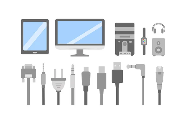 Vector set of PC flat icons. Cable wire computer and electricity plug collection. — Stock Vector