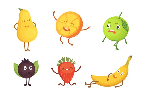 Conjunto de frutas de dibujos animados lindo. ilustración con personajes divertidos. Divertido tiempo de comida fresca . — Vector de stock