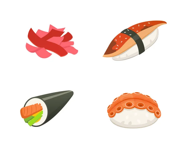 Traditional japanese sushi and rolls. Asian seafood, restaurant delicious vector illustration. — Stock Vector