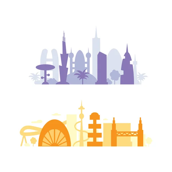 Set city buildings silhouettes. cityscape in future. Modern town elements vector illustration — Stock Vector