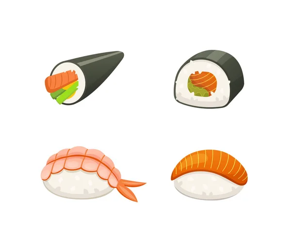 Sushi japonês tradicional e rolos. Marisco asiático, restaurante deliciosa ilustração vetorial . — Vetor de Stock