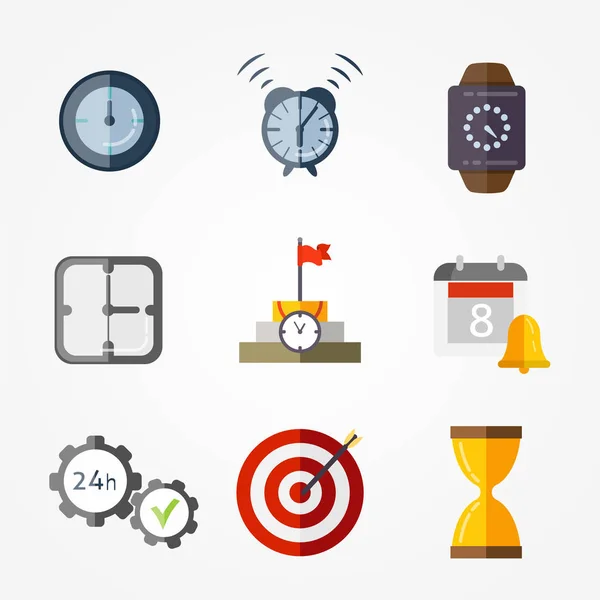 Time management planning and control. Clock, timer, speed, alarm, restore, calendar. Vector flat illustrations set. — Stock Vector