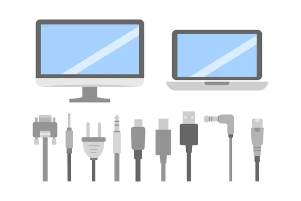 Vector set of PC flat icons. Cable wire computer and electricity plug collection. — Stock Vector