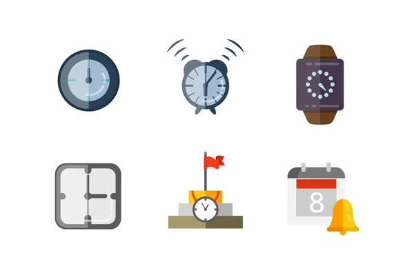 Time management planning and control. Clock, timer, speed, alarm, restore, calendar. Vector flat illustrations set. — Stock Vector