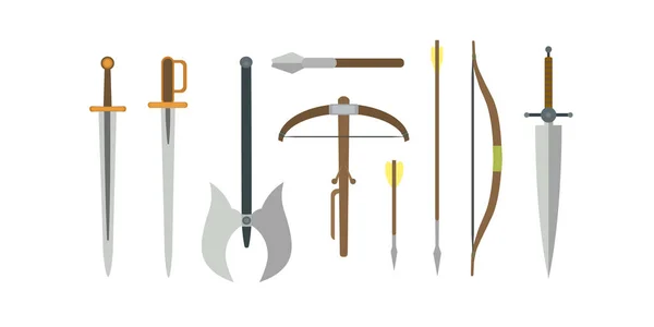 Serie di diverse illustrazioni piatte vettoriali di armi medievali . — Vettoriale Stock