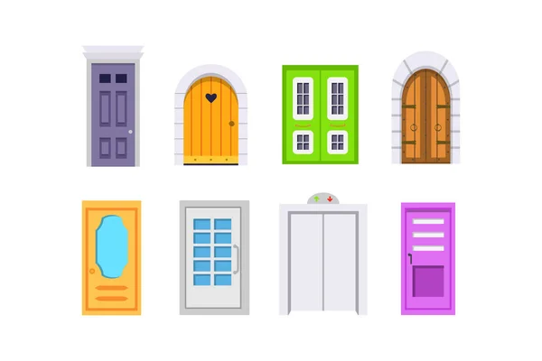 Állítsa be a bejárati ajtó elülső kilátás. rajzfilm stílusú otthonok és épületek vektor elem. — Stock Vector