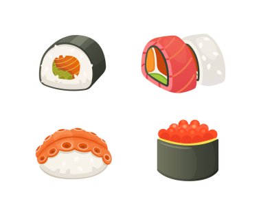 Geleneksel Japon suşi ve rulo. Asya deniz ürünleri restoran lezzetli vektör çizim.