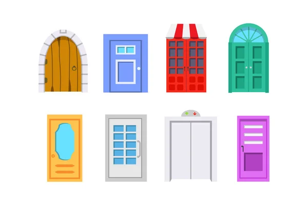 Définir la porte d'entrée vue de face. maisons et bâtiments élément vectoriel dans le style de dessin animé . — Image vectorielle