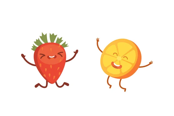 Conjunto de frutas de dibujos animados lindo. Ilustración vectorial con personajes divertidos. Divertido tiempo de comida fresca . — Archivo Imágenes Vectoriales