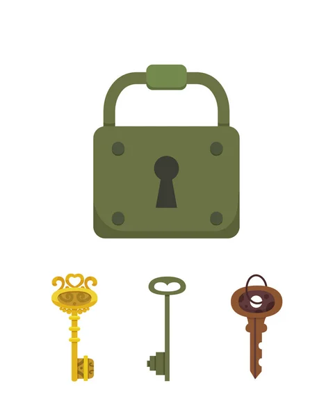 Set vintage sleutels en sloten. Vector illustratie cartoon hangslot. Geheim, mysterie of veilige pictogram. — Stockvector