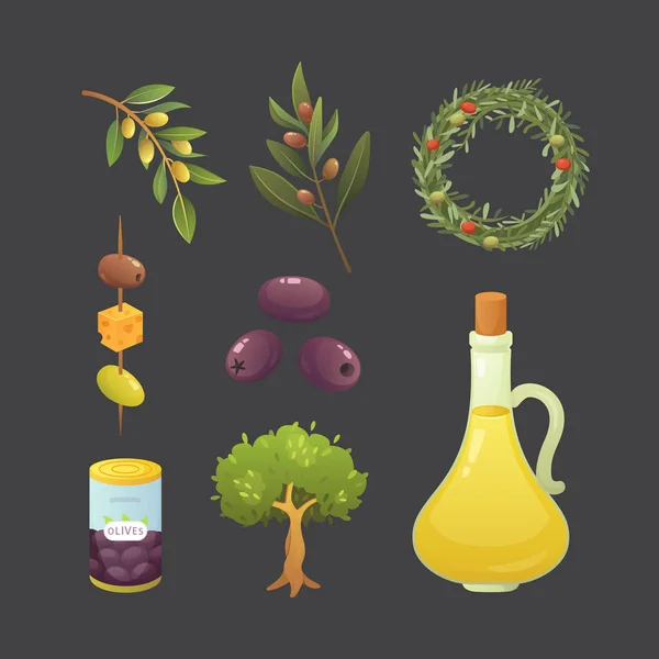 Mettre les olives fruits. Bouteille d'huile d'olive, branche, arbre et couronne de romarin illustration vectorielle en style dessin animé . — Image vectorielle