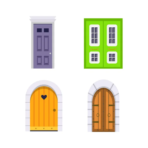 Állítsa be a bejárati ajtó elülső kilátás. rajzfilm stílusú otthonok és épületek vektor elem. — Stock Vector