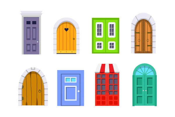 Définir la porte d'entrée vue de face. maisons et bâtiments élément vectoriel dans le style de dessin animé . — Image vectorielle