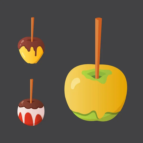 Zoete karamel en chocolade snoep apple reeks. Vectorillustratie in cartoon stijl. — Stockvector