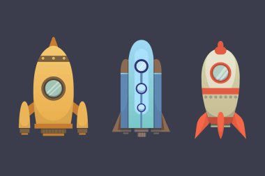 Roket gemisi çizgi film tarzı. Yeni işletmeler yenilik geliştirme düz tasarım simgeler şablonu. Uzay gemileri illüstrasyonlar seti.