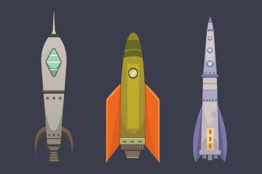 Printrocket gemi karikatür tarzı. Yeni işletmeler yenilik geliştirme düz tasarım simgeler şablonu. Uzay gemileri illüstrasyonlar seti.