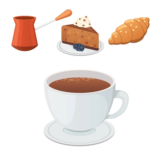 Xícara de café, cappuccino, latte e comida de chocolate. Doce tempo desertos . —  Vetores de Stock