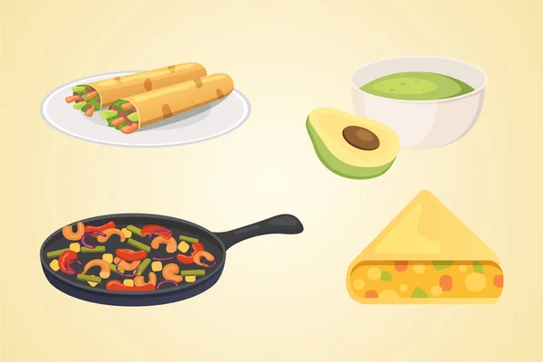 Mexikanische Küche Cartoon Gerichte Illustration Set Vektor — Stockvektor