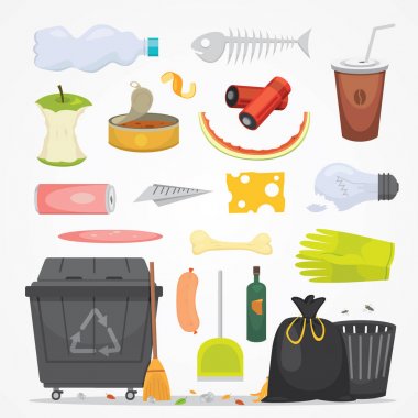 Çöp ve atık çizimler karikatür tarzı ayarlayın. Biyolojik olarak parçalanabilir, plastik ve çöp simgeleri.