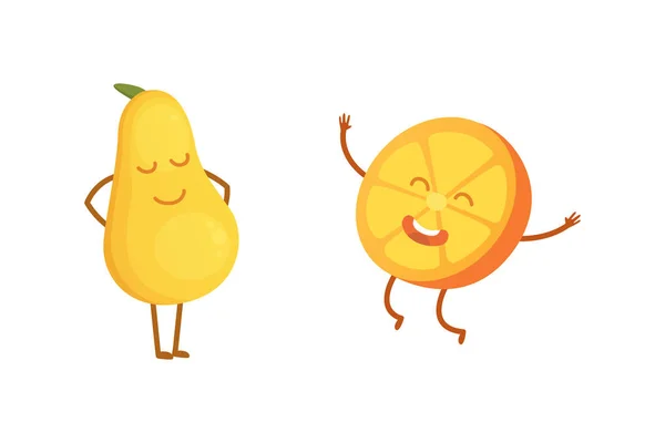 Conjunto de frutas de dibujos animados lindo. Ilustración vectorial con personajes divertidos. Divertido tiempo de comida fresca . — Archivo Imágenes Vectoriales