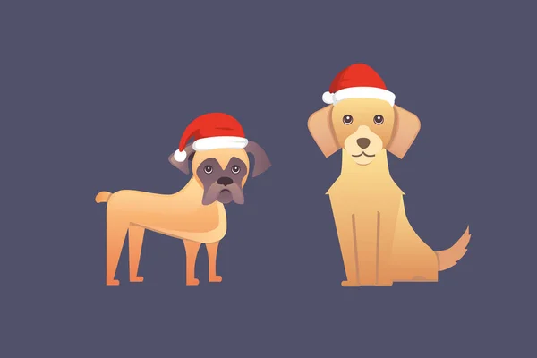 Verzameling van leuke honden in rode santas hoed. Kerst puppy winter cartoon afbeelding. — Stockvector