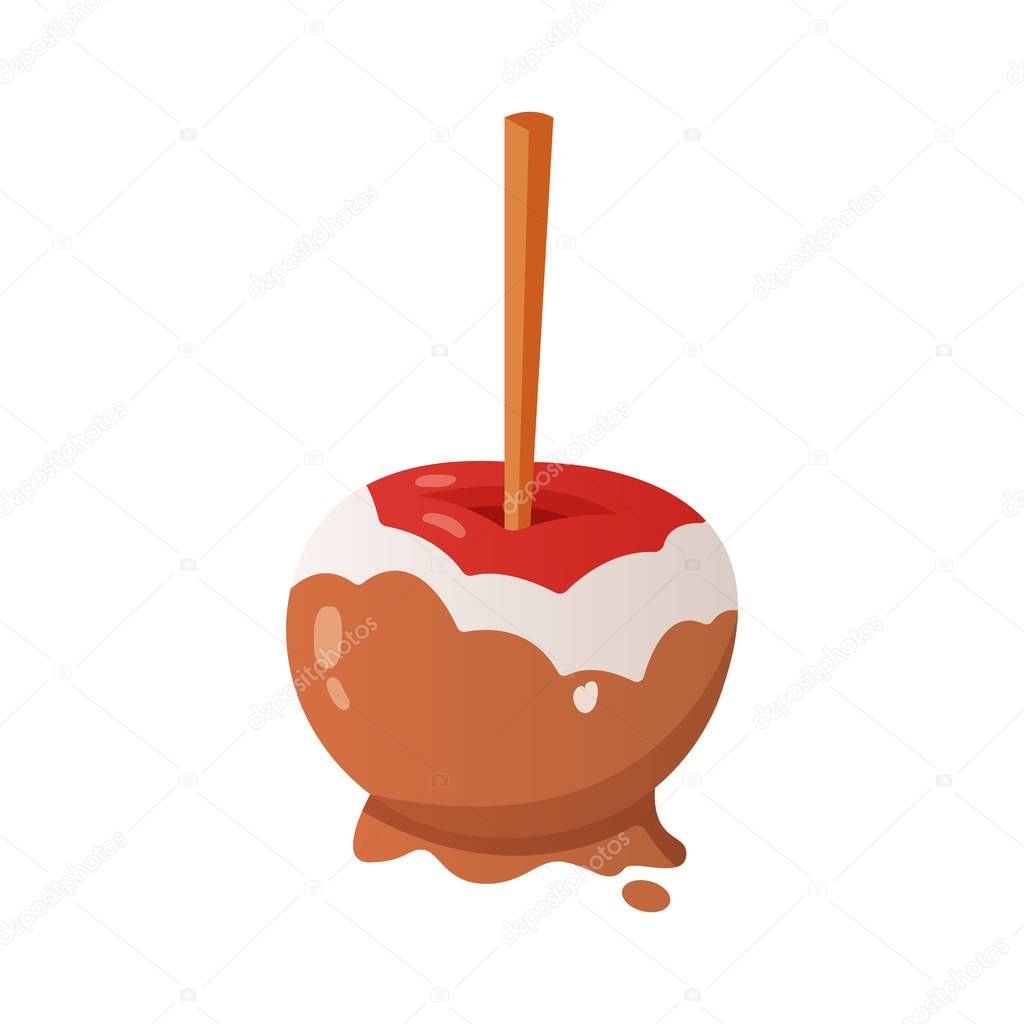 Sweet caramel and chocolate candy apple. Vector illustration in cartoon style.