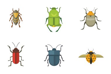 Böcekler düz stil vektör tasarım simgeler kümesi. Koleksiyon doğa böceği ve zooloji illüstrasyon karikatür. Hata simgesi yaban hayatı kavramı