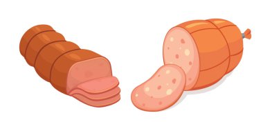 Vektör karikatür sosis kümesi. Pastırma, salam ve haşlanmış füme dilimlenmiş. İzole taze Şarküteri simgeler. Beyaz bir arka plan üzerinde ızgara ürün