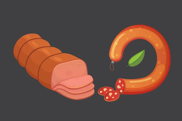 Uppsättning vektor tecknad korv. Bacon, skivad Salami och rökt kokt. Isolerade färska delikatesser ikoner. Grillad produkt. — Stock vektor